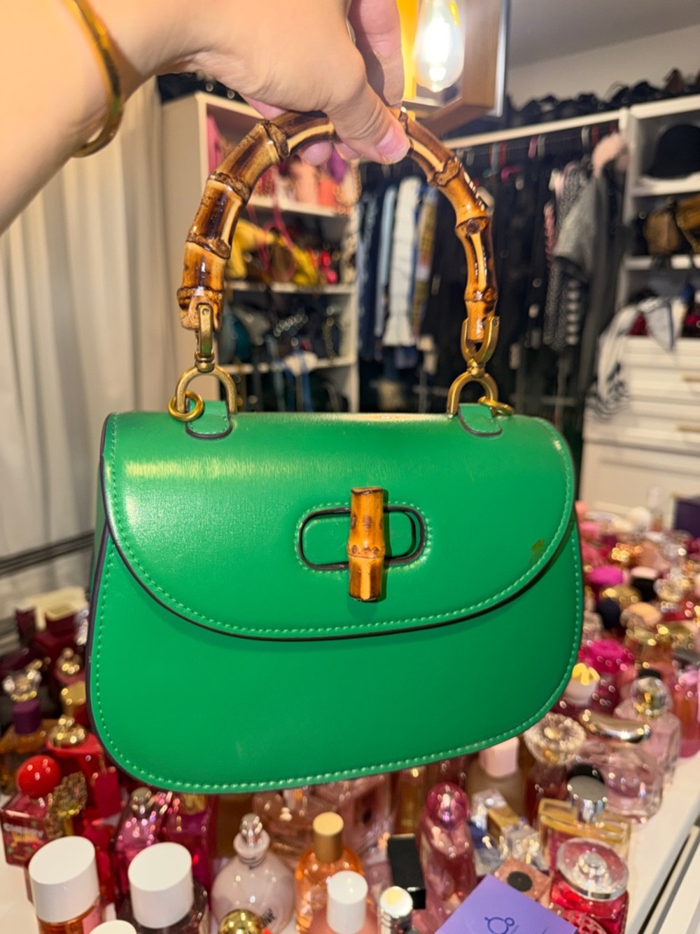 Green faux Leather Shoulder Bag with Bamboo Handle